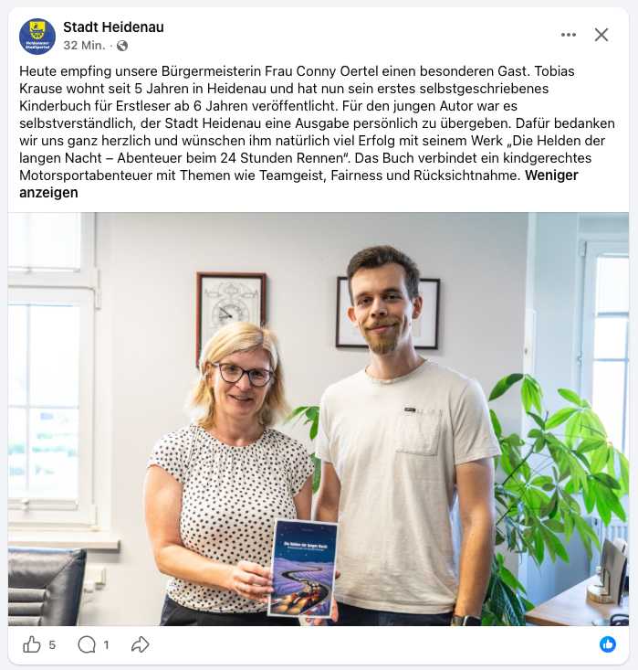 Ein Screenshot vom Facebook-Beitrag der Stadt Heidenau zu meinem Buch.